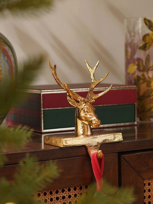 Pure Home + Living Gold Metal Reindeer Stocking Holder