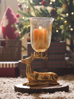 Pure Home + Living - Gold Metal Reindeer Hurricane Candle Holder