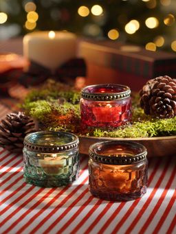 Pure Home + Living - Green Red Amber Honeycomb Textured Glass Tealight Holders (Pack Of 3)