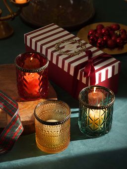 Pure Home + Living - Green Red Amber Multi Textured Glass Tealight Holders (Pack Of 3)