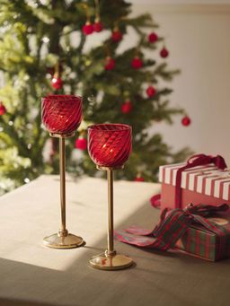 Pure Home + Living - Red Textured Glass Stem Candle Holders (Pack Of 2)