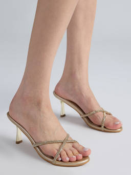 RSVP by Nykaa Fashion - Womens Gold Round Toe Festive Embellished Slip On Kitten Heels