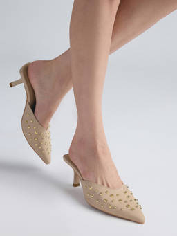 RSVP by Nykaa Fashion - Womens Cream Gold Studded Pointed Toe Slip On Kitten Mules Heels