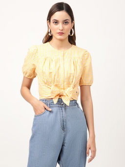 ELLE - Womens Yellow Check Semifitted Top