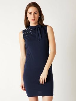 Miss Chase - Womens Navy Blue High Neck Sleeveless Cotton Solid Neck Tie-up Mini Bodycon Dress
