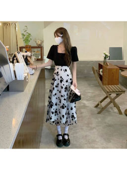 PARTIQ - Women Black & White Floral Midi Dress
