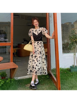 PARTIQ - Women Black & White Floral Midi Dress