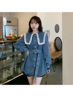 PARTIQ - Women Blue Solid Long Sleeve Shirt Dress with Belt