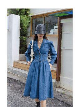 PARTIQ - Women Blue Solid Long Sleeve Shirt Dress