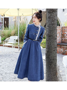 PARTIQ - Women Blue Solid Long Sleeve Shirt Dress with Belt