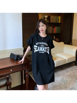 PARTIQ - Women Black Typography T-Shirt Dress