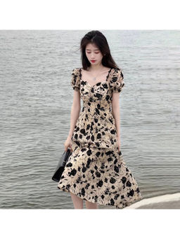 PARTIQ - Women Beige Floral Midi Dress