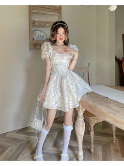 PARTIQ - Women Off White Self Design Mini Dress