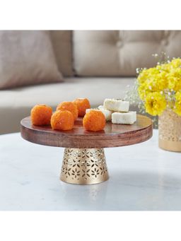 HomeTown - Nelumbra Metal and Wood Serving Stand in Gold & Brown Colour