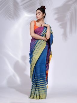 CHARUKRITI - Blue & Multi Pure Cotton Handwoven Saree with Stripe Border with Unstitched Blouse