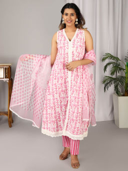 SHAABA CLOTHING - Pink Hand Block Printed Kurta with Pant & Dupatta (Set of 3)