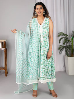 SHAABA CLOTHING - Green Hand Block Printed Kurta with Pant & Dupatta (Set of 3)