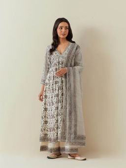 SHAABA CLOTHING - Grey Block Printed Gathered Kurta & Palazzo with Dupatta (Set of 3)