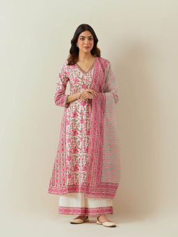 SHAABA CLOTHING - Pink Block Printed Cotton Kurta & Palazzo with Dupatta (Set of 3)