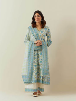 SHAABA CLOTHING - Blue Block Printed Cotton Kurta & Palazzo with Dupatta (Set of 3)