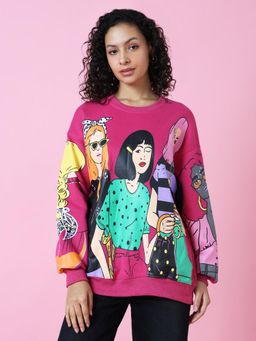 SHOWOFF - Women Graphic Pink Oversized Pullover Sweatshirt