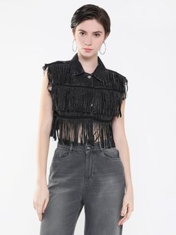 SHOWOFF - Women Black Embellished Denim Jacket