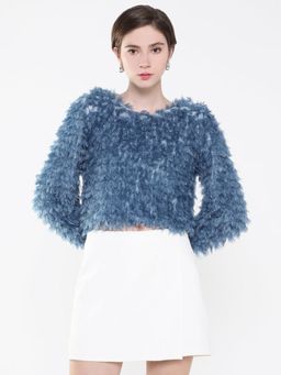 SHOWOFF - Women Self Design Boxy Blue Crop Top