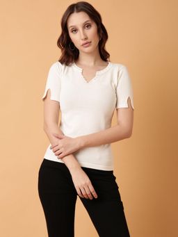 SHOWOFF - Women Off White Solid Fitted Top