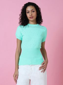 SHOWOFFFF - Women Sea Green Embellished Crochet Top
