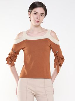 SHOWOFF - Women Solid Camel Brown Three Fourth Sleeve Top