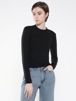SHOWOFFFF - Women Solid Black Round Neck Top