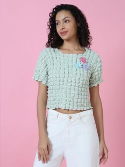 SHOWOFF - Women Sea Green Self Design Crop Top