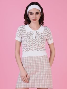 SHOWOFF - Women Brown Printed Crop Polo T-Shirt