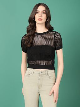 SHOWOFFFF - Women Black Self Design Crochet Crop Top