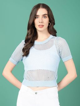 SHOWOFF - Women Blue Self Design Crochet Crop Top