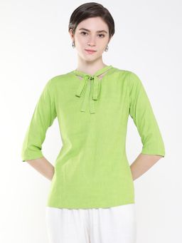 SHOWOFFFF - Women Solid Green Tie Up Neck Top