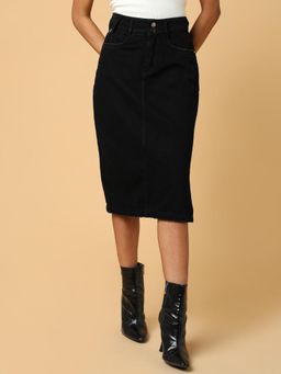 SHOWOFFFF - Women Solid Black Pencil Denim Skirt