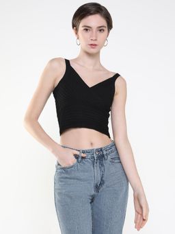 SHOWOFFFF - Women Solid Black Blouson Crop Top