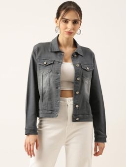 SHOWOFFFF - Women Solid Grey Denim Jacket