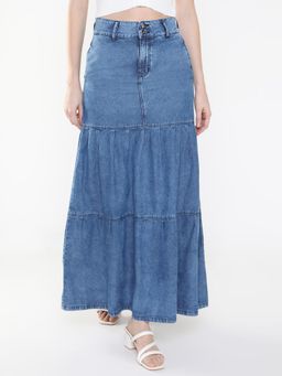 SHOWOFF - Women Solid Navy Blue Tiered Denim Skirt