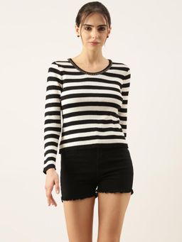 SHOWOFF - Women Striped Black and White Fitted Top
