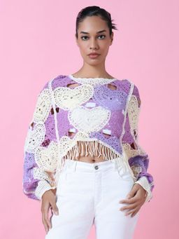 SHOWOFFFF - Women Purple Self Design Cape Crochet Crop Top