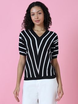 SHOWOFFFF - Women Black Striped V-Neck Top