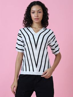SHOWOFF - Women White Striped V-Neck Top