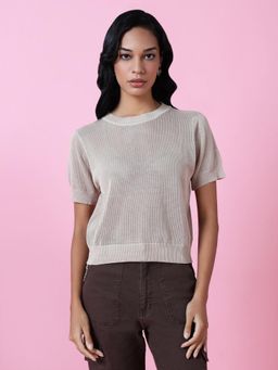 SHOWOFF - Women Beige Self Design Sheer Top