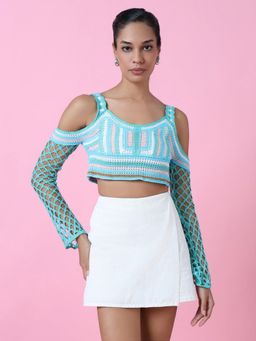 SHOWOFFFF - Women Blue Self Design Blouson Crochet Crop Top