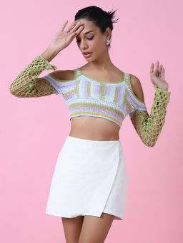 SHOWOFF - Women Green Self Design Blouson Crochet Crop Top