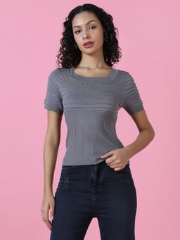 SHOWOFF - Women Grey Self Design Fitted Crochet Crop Top