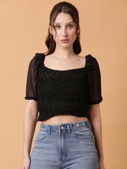 SHOWOFFFF - Women Black Solid Blouson Crochet Crop Top