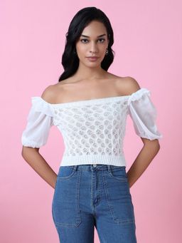 SHOWOFF - Women White Solid Blouson Crochet Crop Top